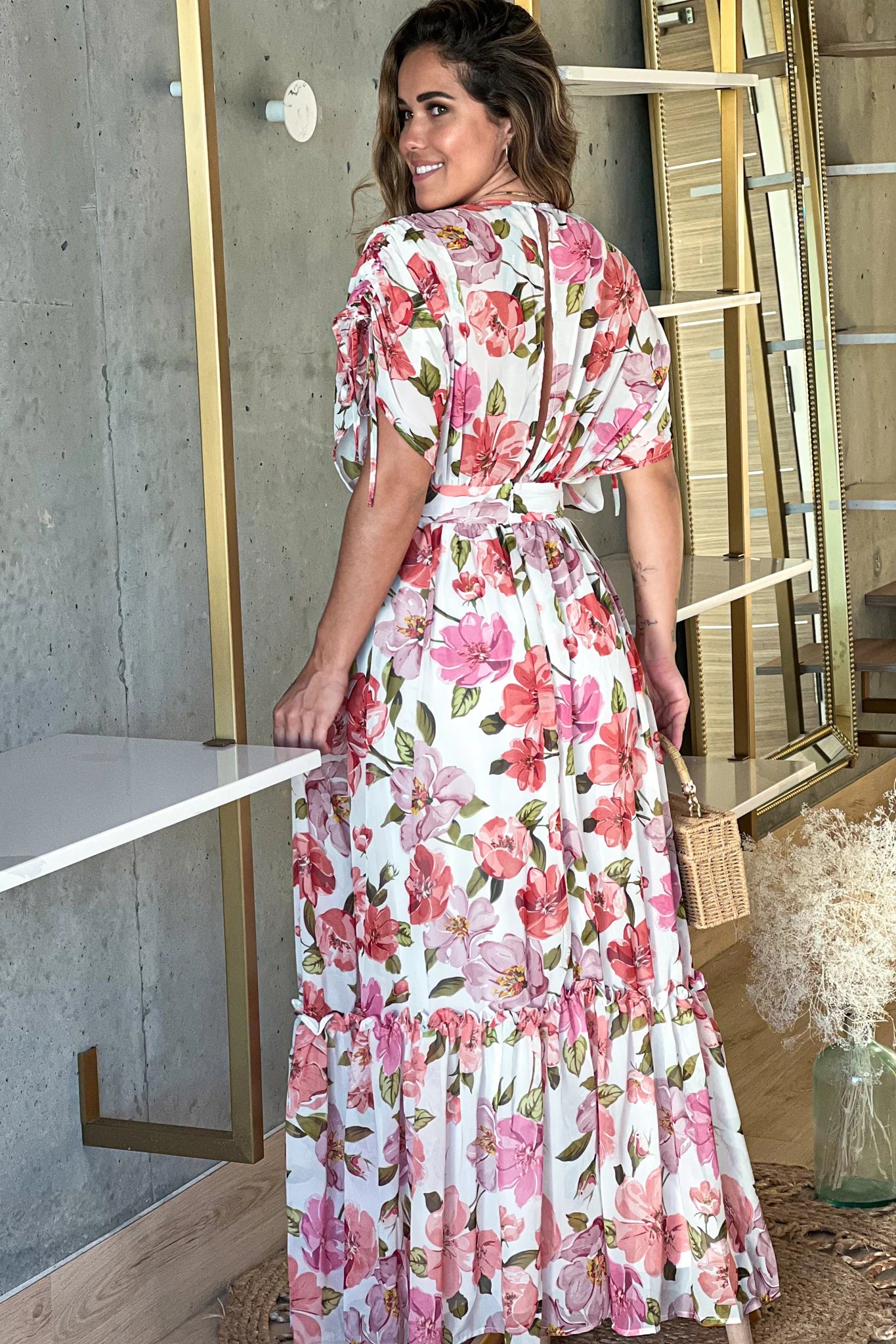 Ivory Floral Maxi Dress With Dolman Sleeves