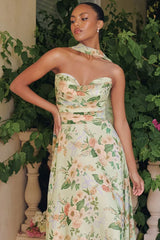 MEADOWS GOWN STRAPLESS A LINE SAGE FLORAL CHIFFON GOWN WITH SCARF
