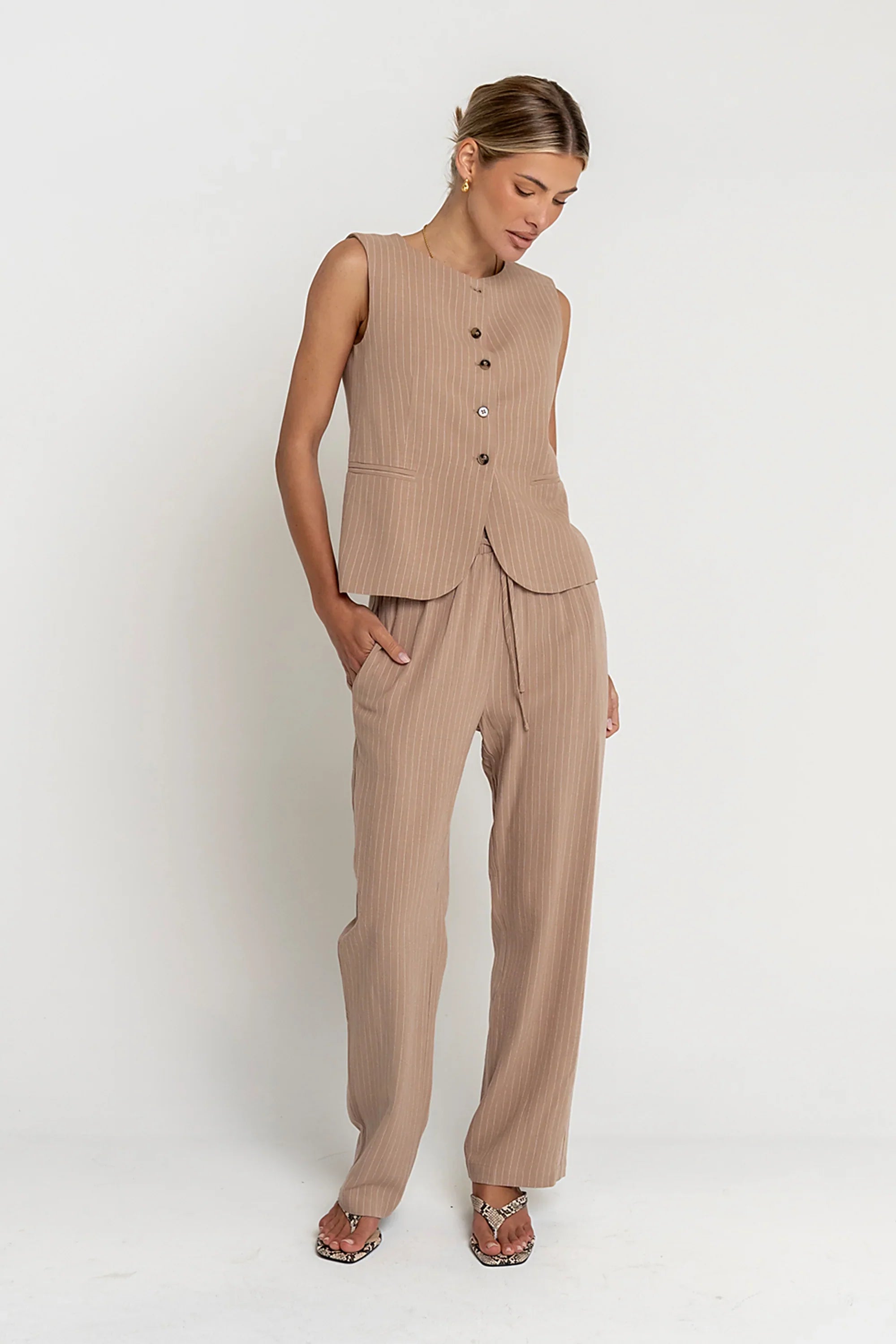 Vivienne Pinstripe Sleeveless Vest in Tan