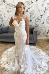 White Illusion Neck Appliques Mermaid Long Wedding Dress