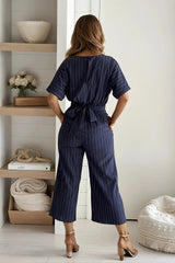 Navy Striped V Neck Jumpsuit