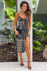 Black Printed Midi Dress With Slit