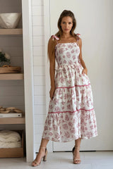 Burgundy Floral Tiered Midi Dress