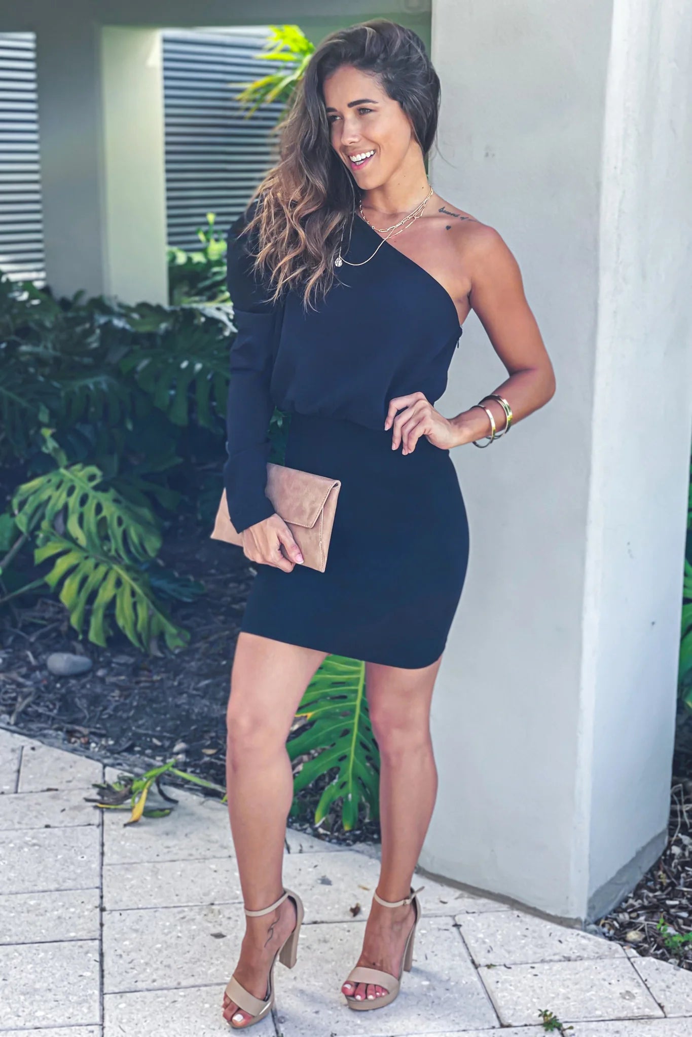 Black One Shoulder Puff Sleeve Short Dress