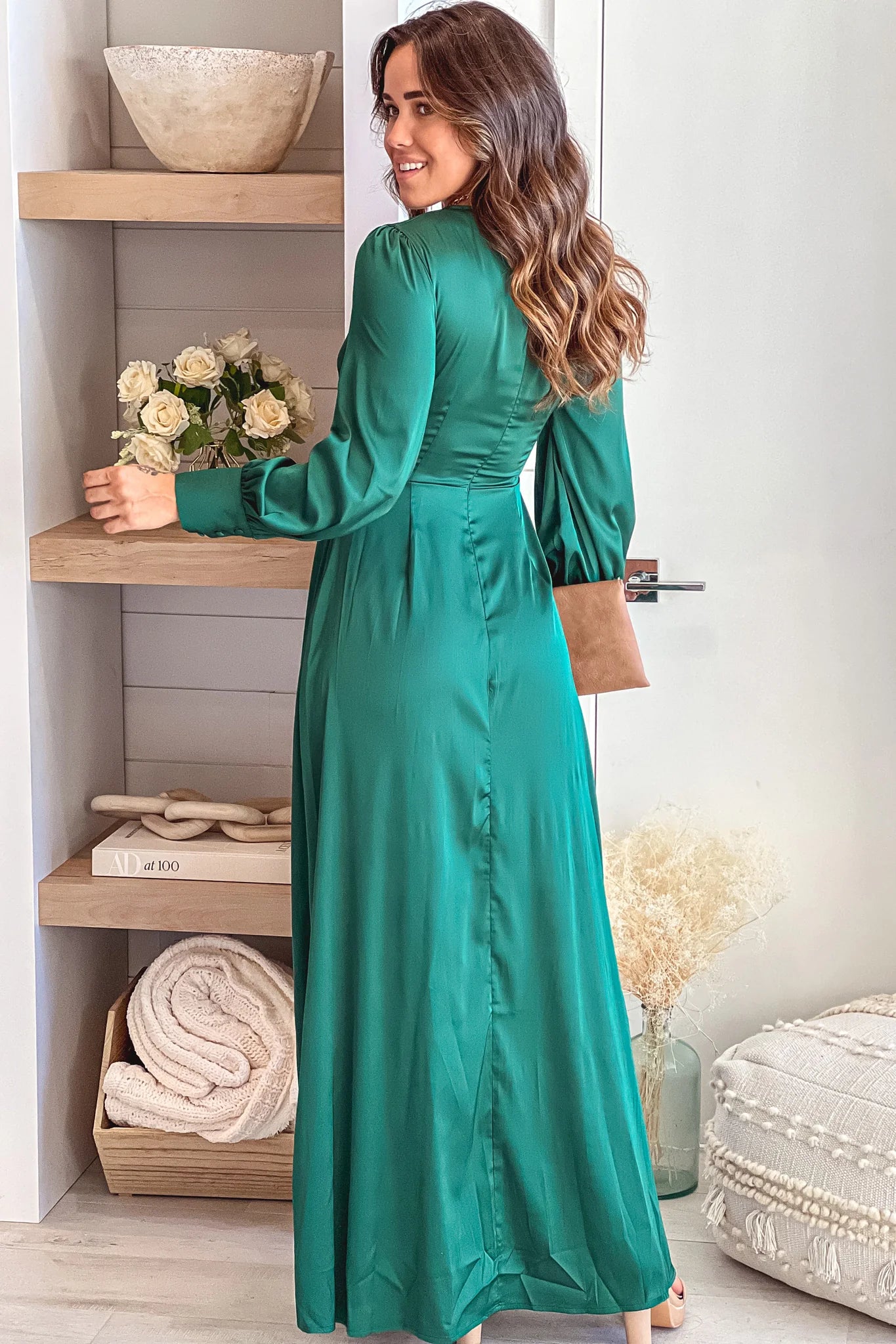 Hunter Green Satin Maxi Dress With Long Sleeves