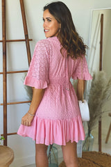 Pink Lace Short Dress With Sleeves