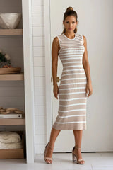 Taupe Striped Ribbed Tank Midi Dress