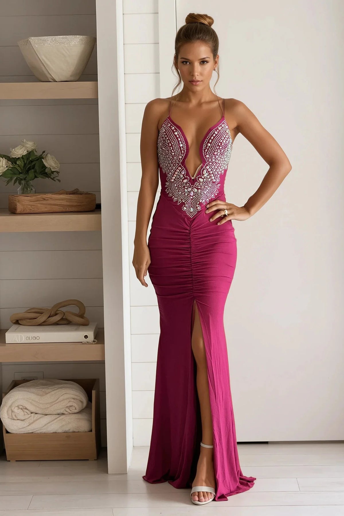 Magenta Rhinestone Embellished Maxi Dress