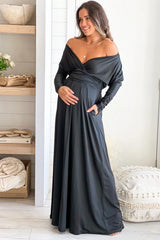 Black Maternity Maxi Dress With Dolman Sleeves And Pockets