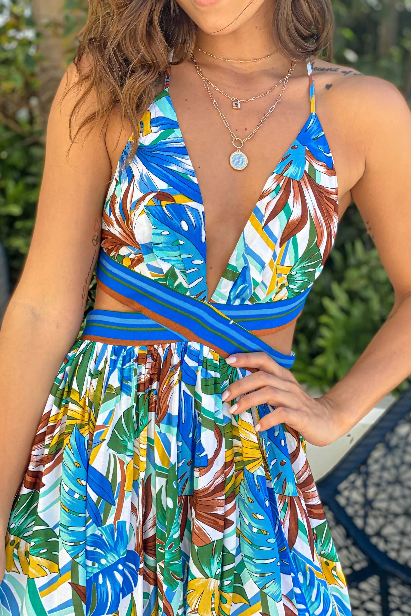Ivory Tropical Maxi Dress With Cut Outs