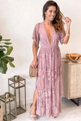 Mauve Lace Maxi Romper With Short Sleeves
