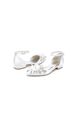 White Pointed Toe Ankle Strap Low Heels with Rhinestone