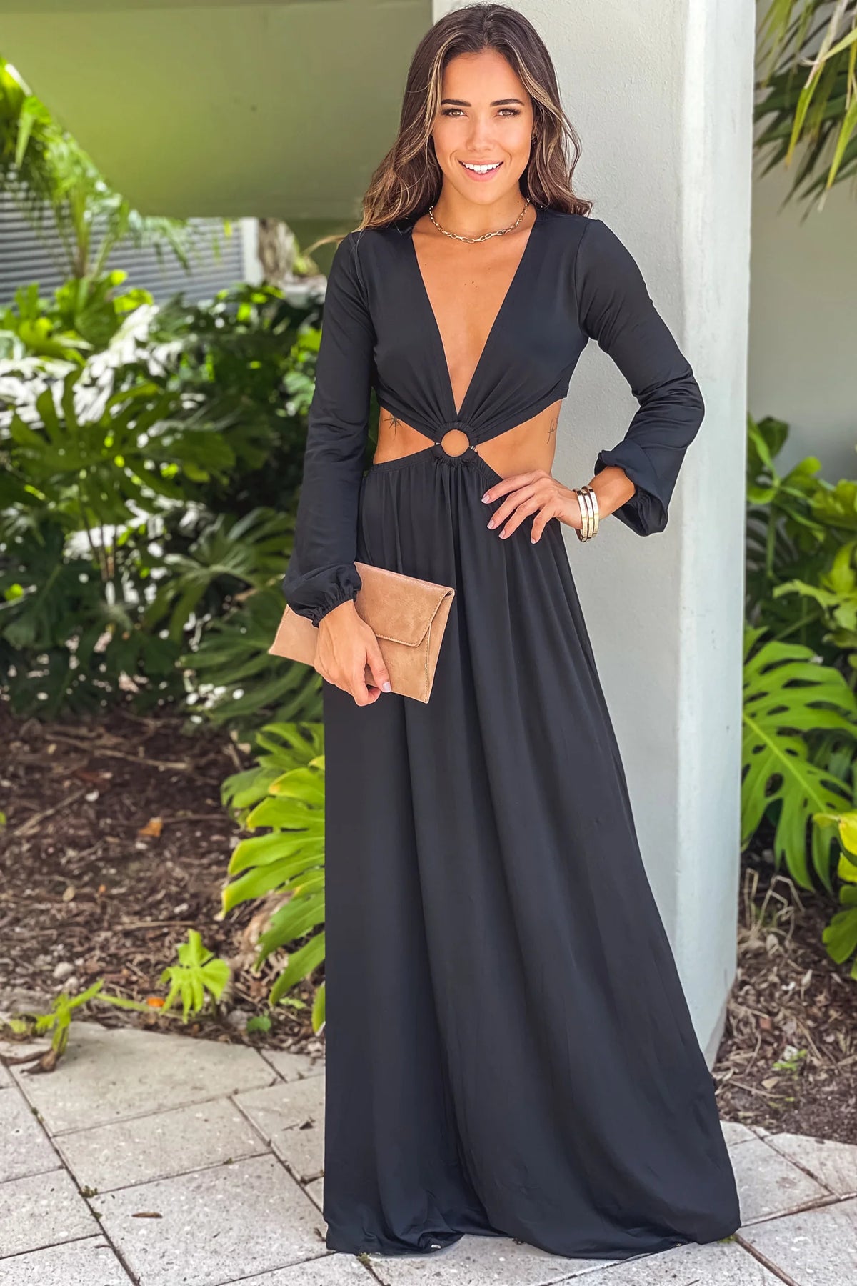 Black V Neck Maxi Dress With Long Sleeves
