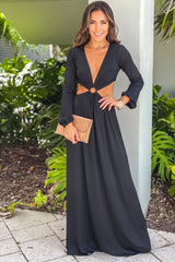 Black V Neck Maxi Dress With Long Sleeves