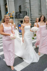 Pink Straps Sheath Square Neck Satin Sleeveless Long Bridesmaid Dress