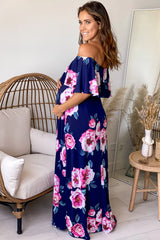 Navy and Pink Floral Off Shoulder Maternity Maxi Dress