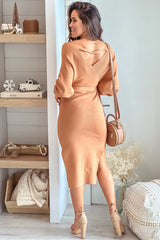 Camel V Neck Ribbed Midi Dress