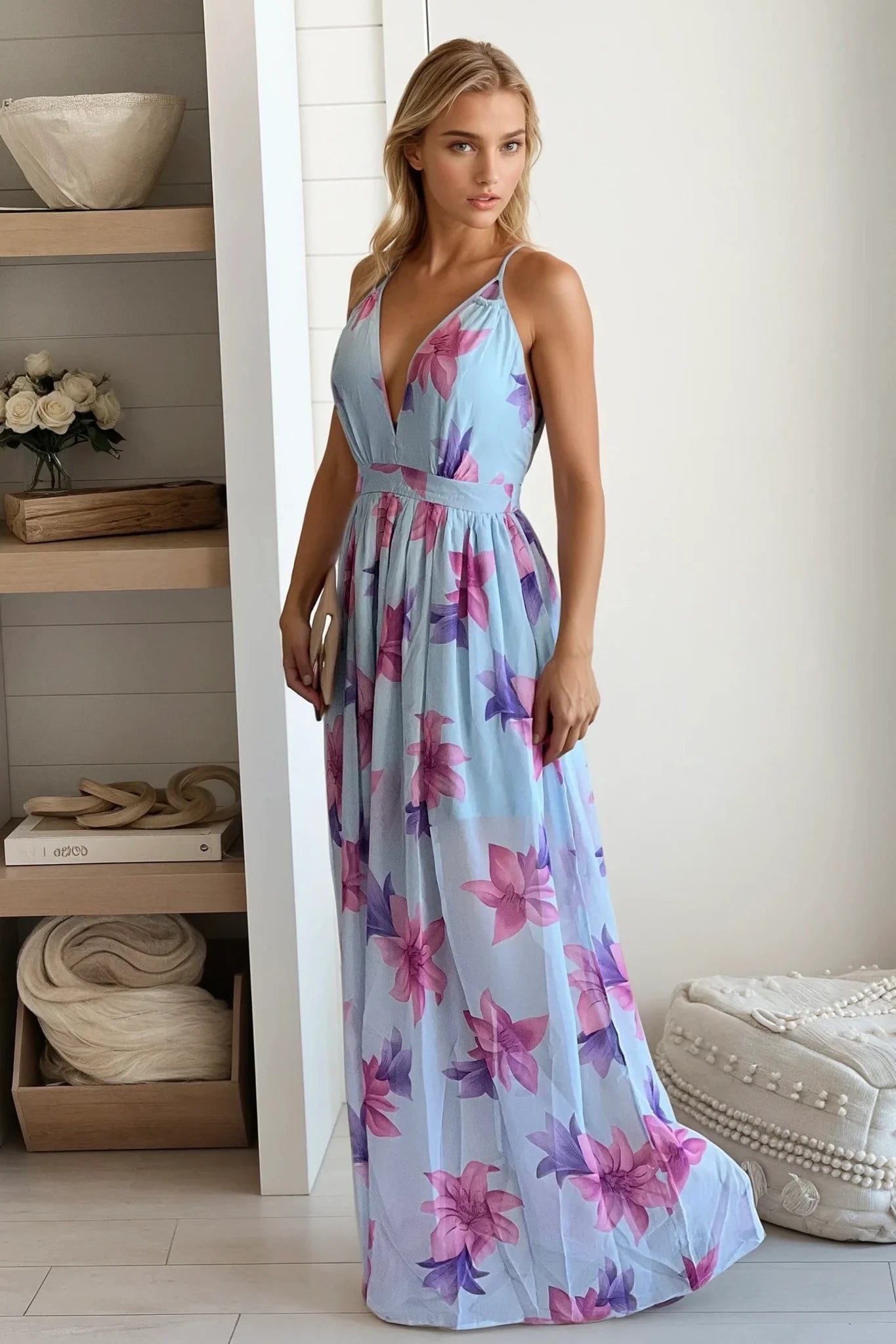 Light Blue Floral Maxi Dress With Criss Cross Back
