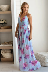 Light Blue Floral Maxi Dress With Criss Cross Back
