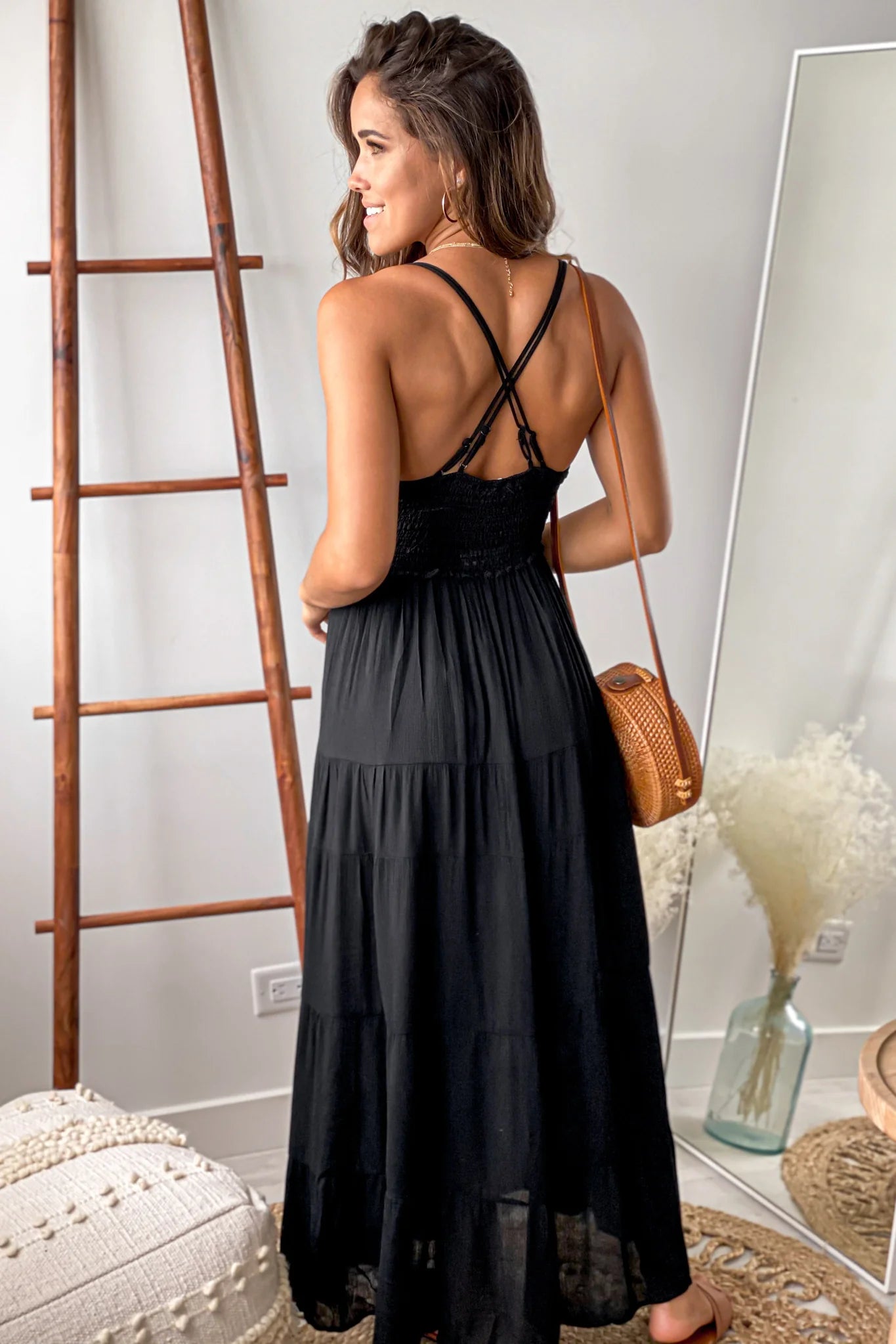 Black Floral Crochet Top Maxi Dress