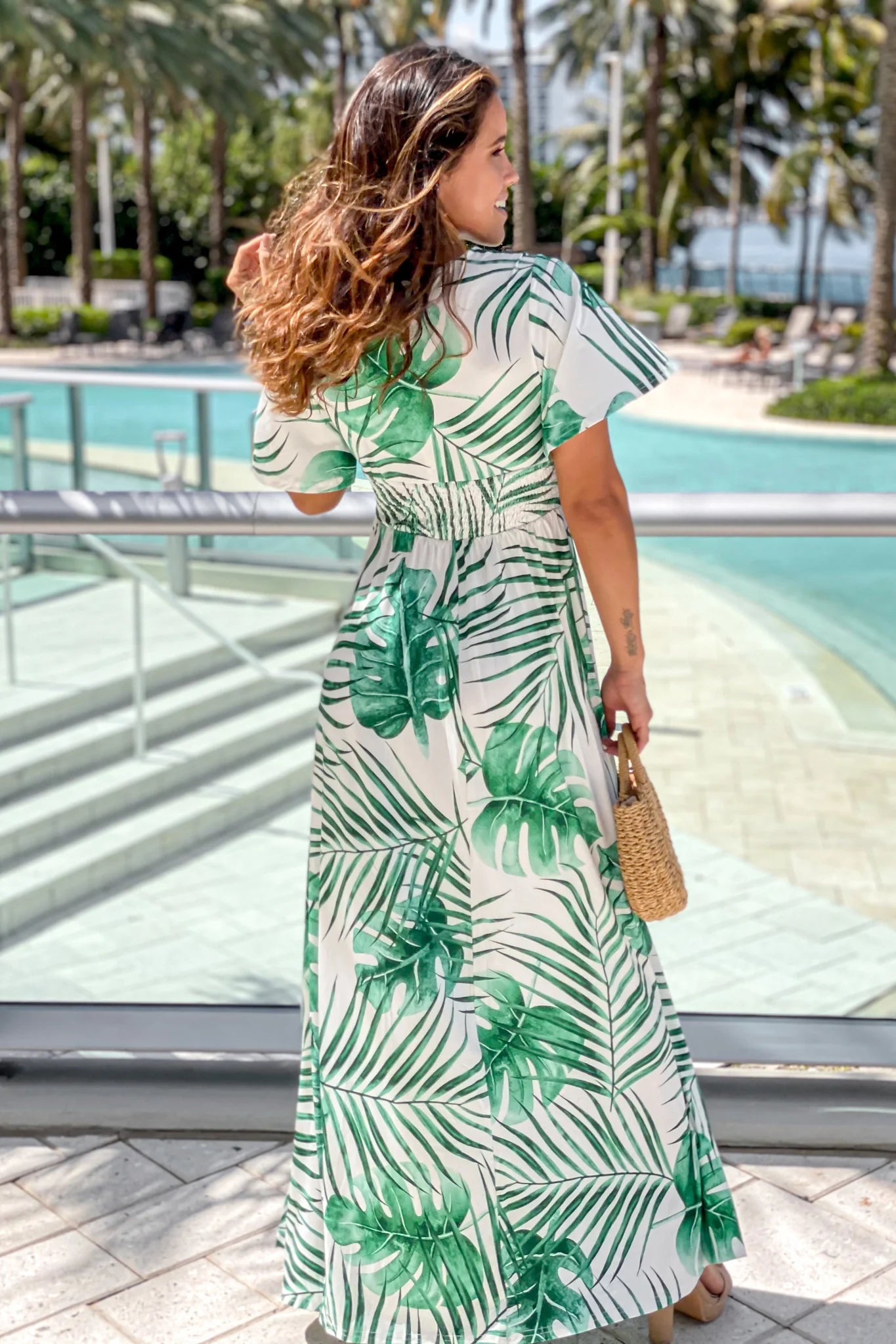 Green Printed V Neck Maxi Dress With Slit