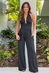 Black Halter Neck Jumpsuit With Pockets