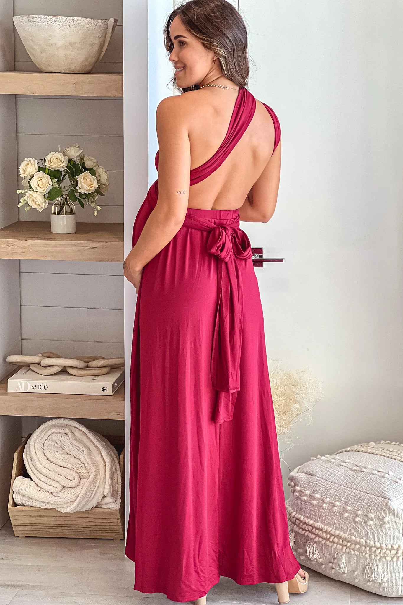 Burgundy Multi Tie Maternity Maxi Dress
