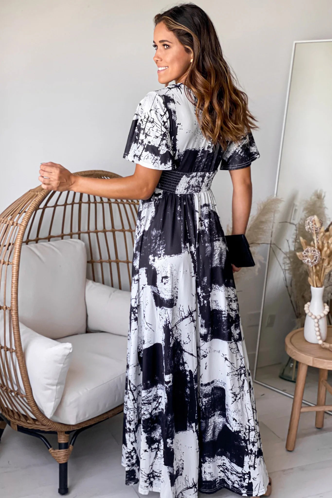 Black Tie Dye V Neck Maxi Dress With Slit