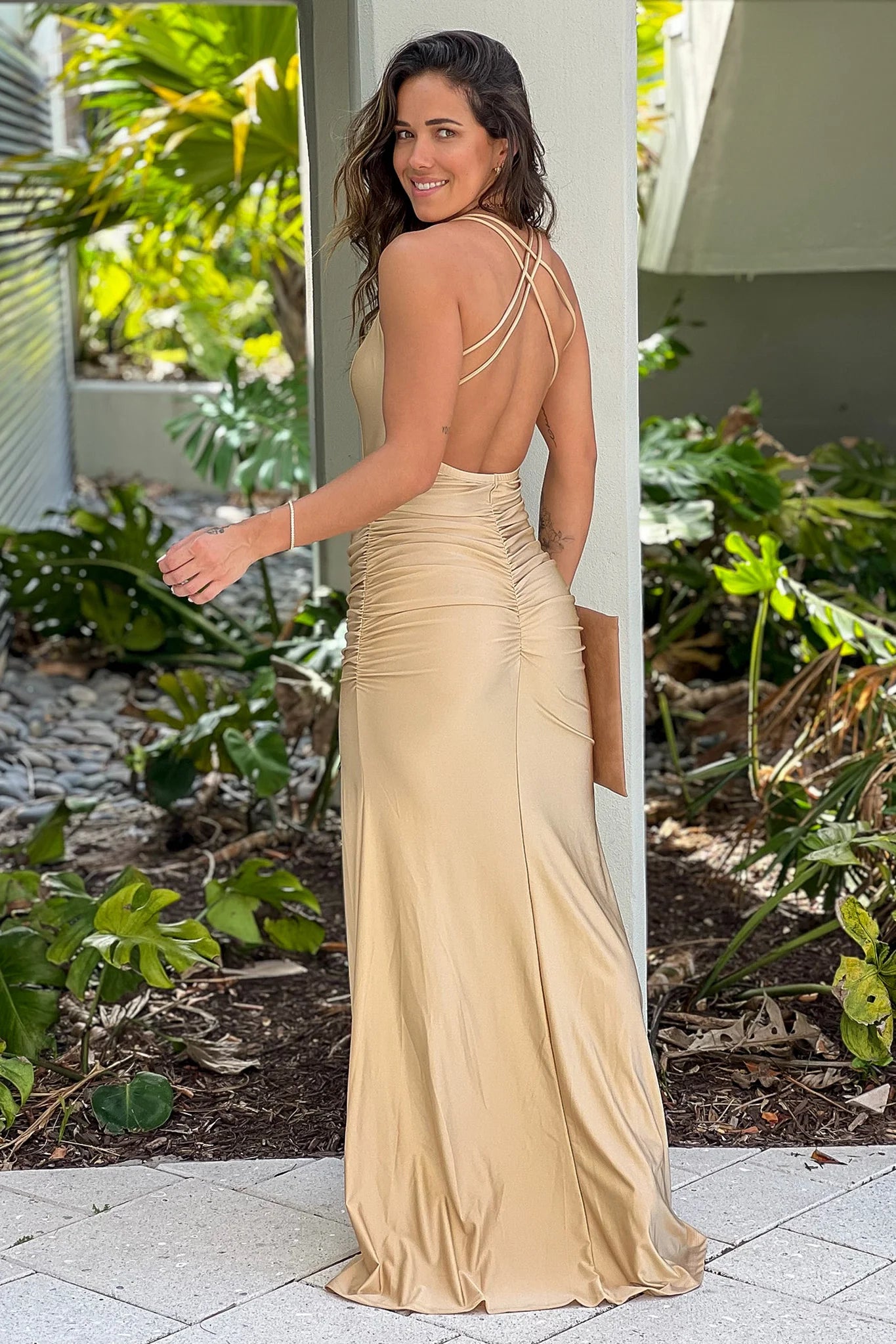 Champagne Ruched Maxi Dress With Slit