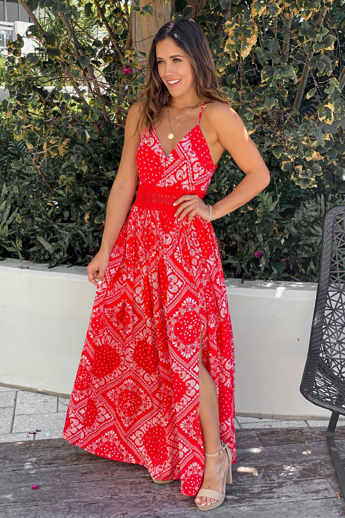 Red Printed Maxi Dress With Crochet Waist