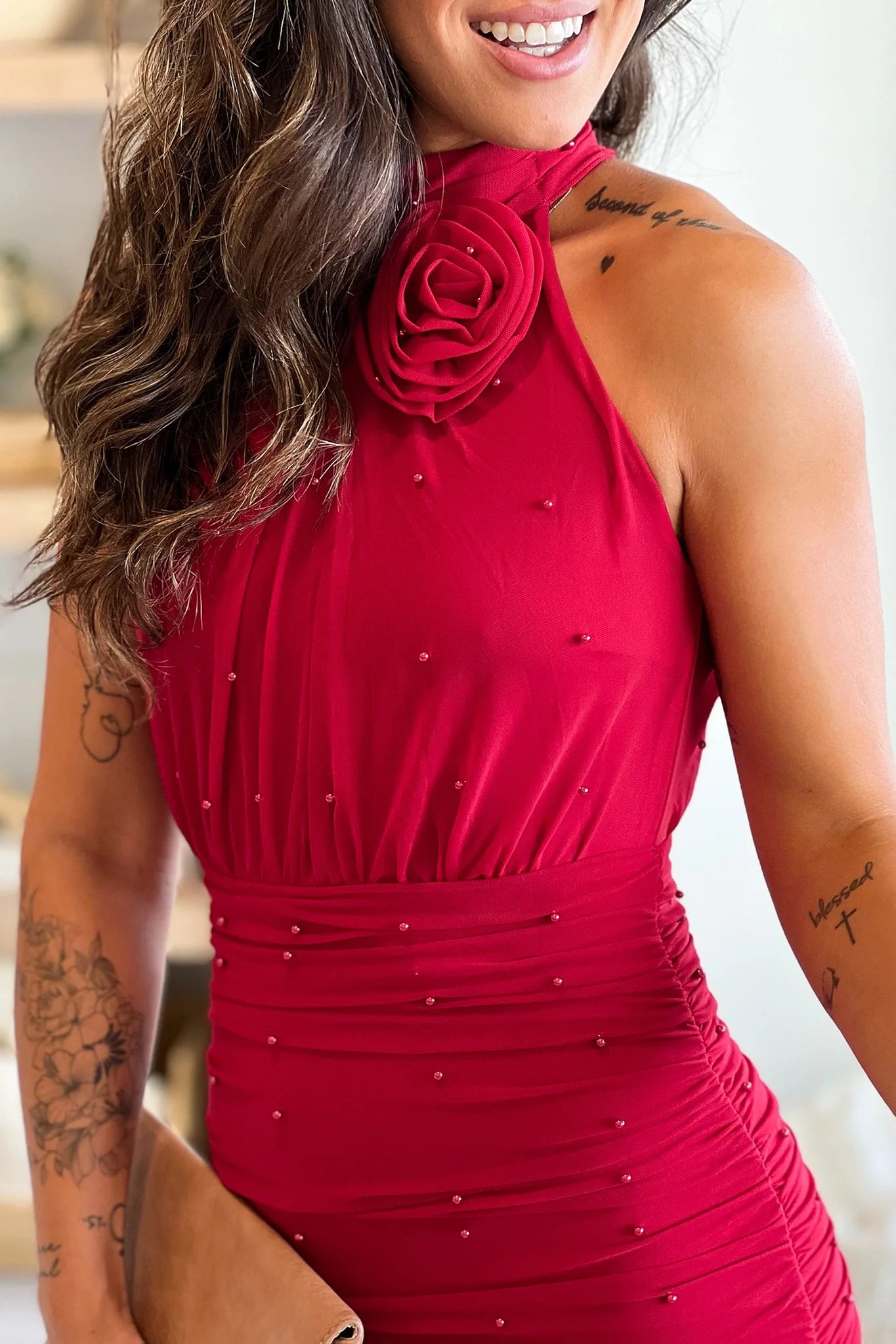 Red Pearl Mesh Short Dress