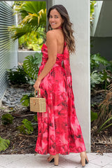 Coral Printed Midi Dress With Cut Out And Slit