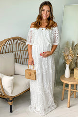Off White Lace Off Shoulder Maternity Maxi Dress