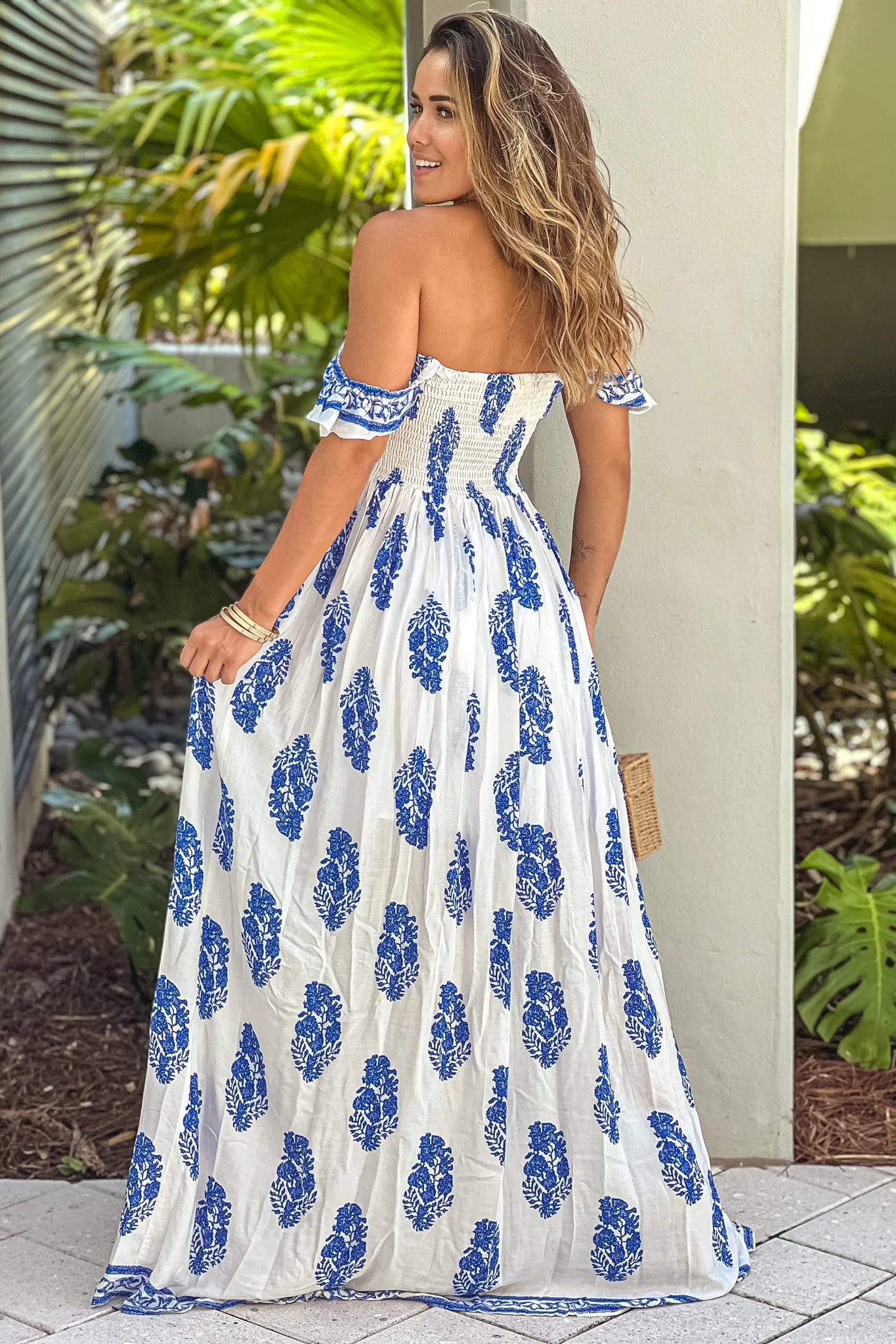 Off White Printed Off Shoulder Maxi Dress With Slit