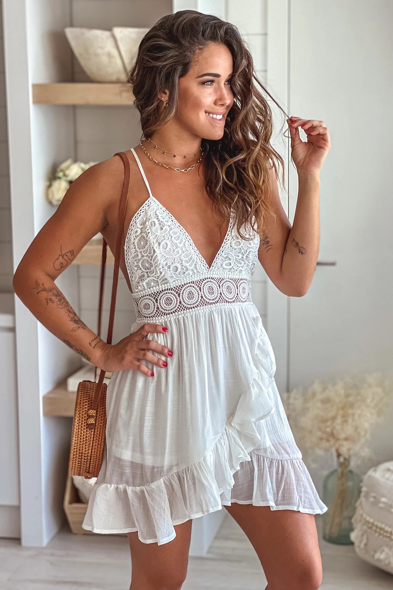 Off White High Low Dress with Crochet Top
