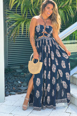 Navy Printed Strapless Maxi Dress With Cut Out