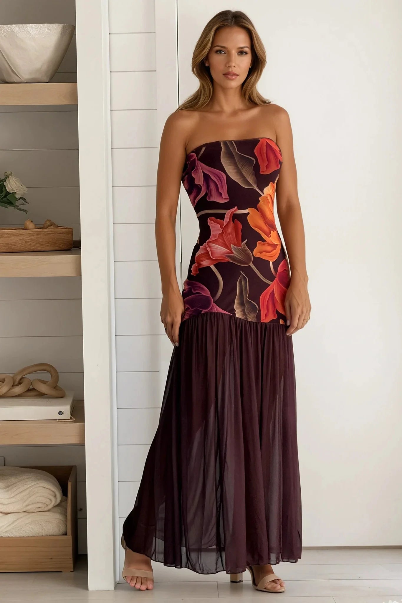 Raisin Floral Mesh Bottom Maxi Dress