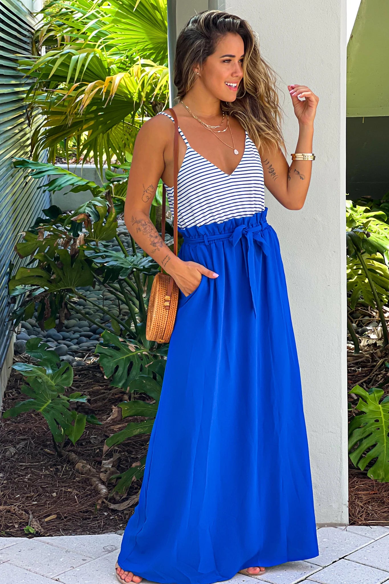 Royal Blue Striped Maxi Dress with Paper Bag Waistline