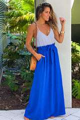 Royal Blue Striped Maxi Dress with Paper Bag Waistline