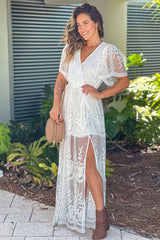 Off White Lace Maxi Dress With Slit And Tie Waist
