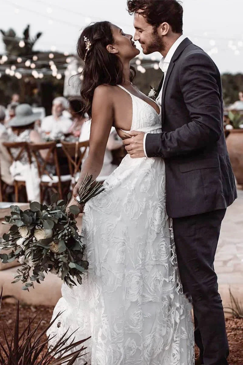 Luxury Lace Chic Halter A Line Bohemian Wedding Dress with Slit Bridal Gowns