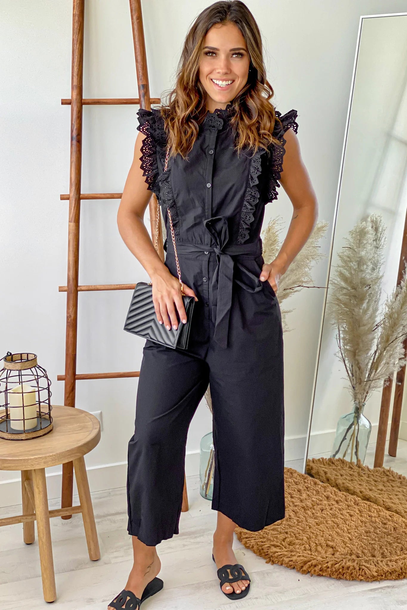 Black Sleeveless Jumpsuit with Lace Trim Detail