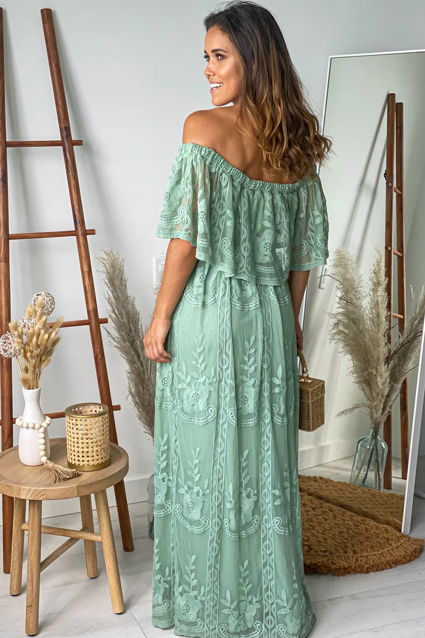Sage Lace Off Shoulder Maxi Dress
