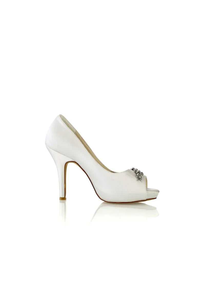 Champagne Satin Heels with Silver Metal Flower Ornament