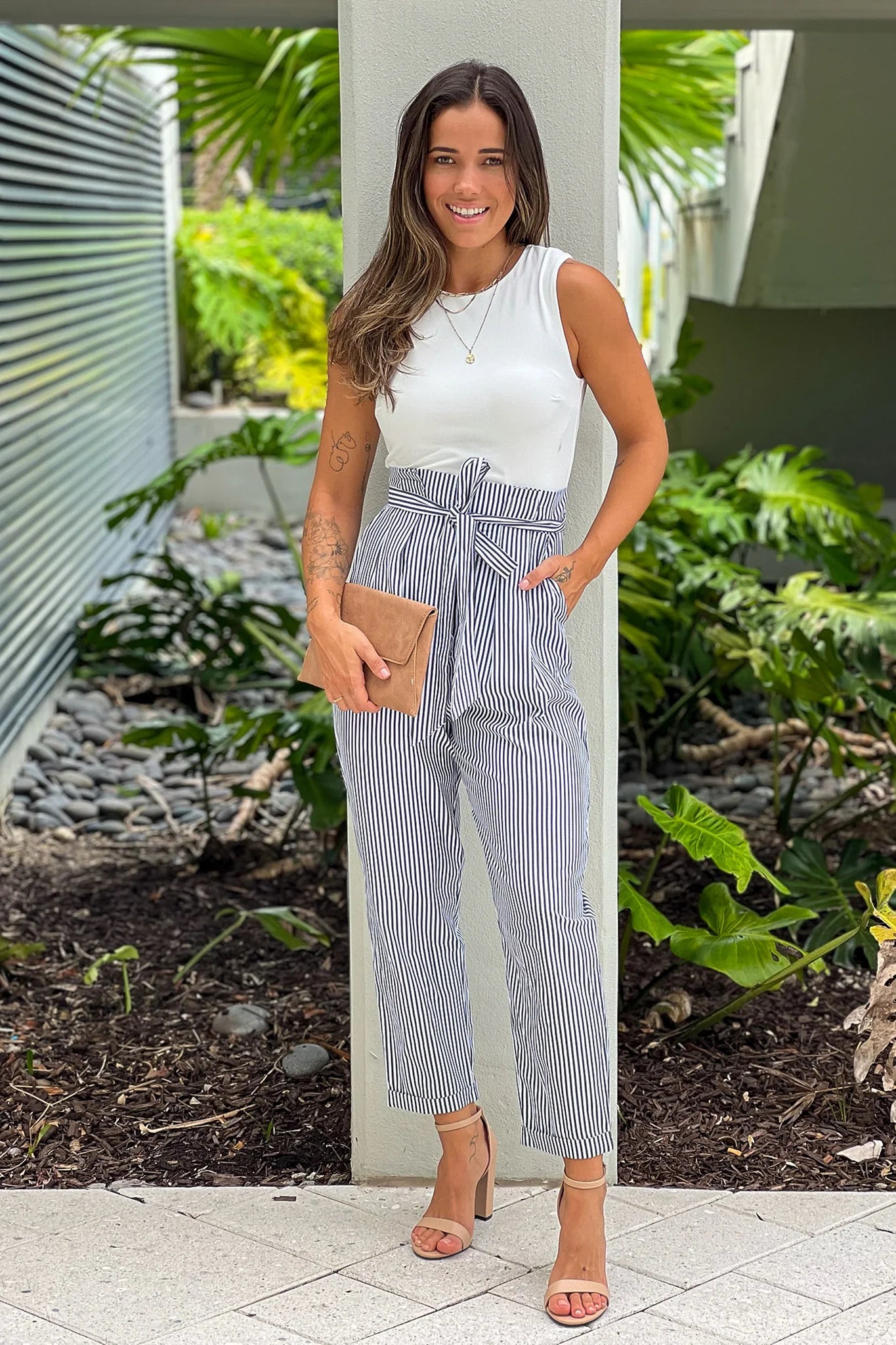 Black Striped Jumpsuit With Tie Belt