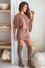 Mocha Short Dress with Pull Strings and Dolman Sleeves