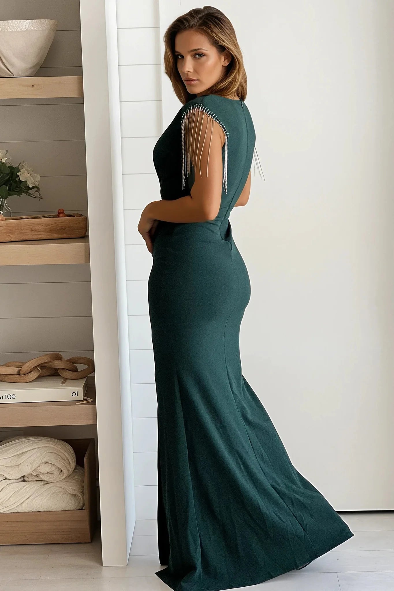 Hunter Green Rhinestone Fringe Sleeve Maxi Dress
