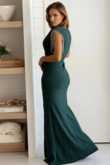 Hunter Green Rhinestone Fringe Sleeve Maxi Dress