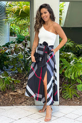 Black Printed One Shoulder Midi Dress With Pockets