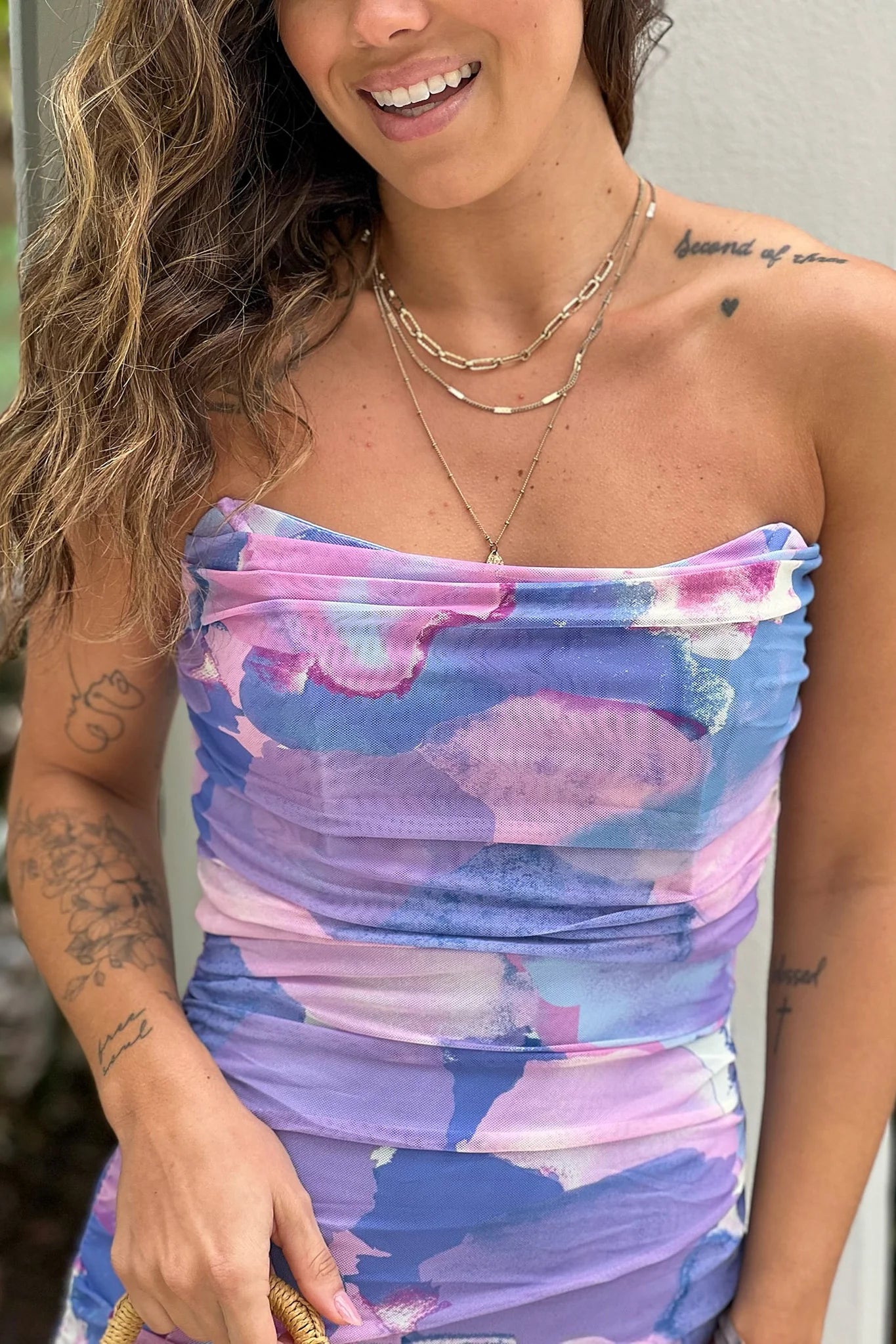 Lavender Floral Ruched Midi Dress